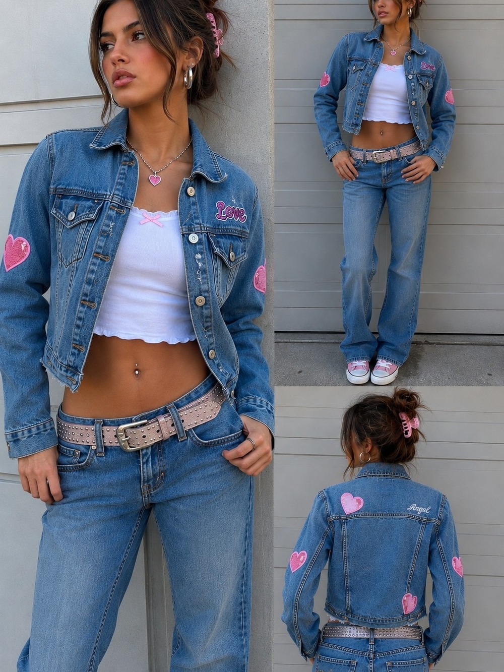 💕‎ Y2K Denim Jacket Pink Hearts Love Patch Size L